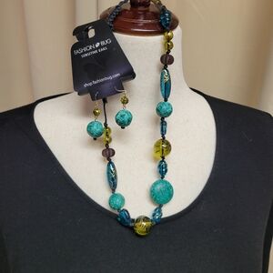 NWT Fashion Bug Necklace & Earrings, Teal, Blue ,Gold Beads